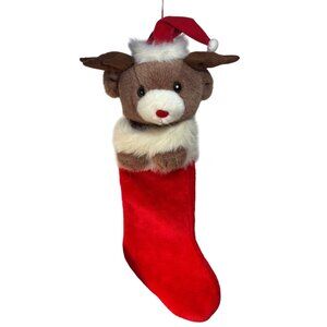 Reindeer Plush Christmas Stocking 21" Red & Brown Fuzzy Holiday Decor Cute